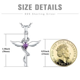 TANGPOET Snake Cross Necklace for Women Sterling Silver Cross with Angel Wings Pendant Necklace Jewelry with Amethyst Stone Birthday Gifts