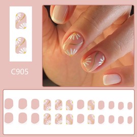 Flower Press on Nails Short Square Artificial Nails with White French Tip Designs Gold Curve Daisy False Nails Spring Fake Nails Glossy Reusable Summer Stick on Nails for Women Girls Manicure 24Pcs