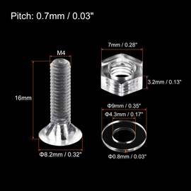 uxcell M4 x 16mm Plastic Phillips Machine Screws with Nuts and Flat Washers, PC Flat Head Machine Bolts Transparent 20 Sets