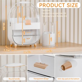Yieach Countertop Makeup Organizer with Drawer and Makeup Brush Holder,Large Capacity Makeup Storage Containers with Dust Proof Cover for Lotion,Skincare Organizers for Vanity,Dresser,Bathroom,White
