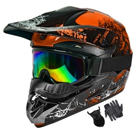Dirt Bike Helmets Youth Motocross, Motorcycle, BMX, ATV, Off-Road, Kids Four Wheeler, Moutain Bike Helmets Dot Approved (Goggles Gloves Faceshield) (Orange, Small)