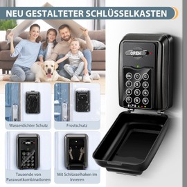 Key Safe with Number Code, Key Safe Outdoor Waterproof Key Box, Key Box with Number Code, 6 Digits, Wall-Mounted Key Safe for Home, Garage, Office, School, Factory (Black)