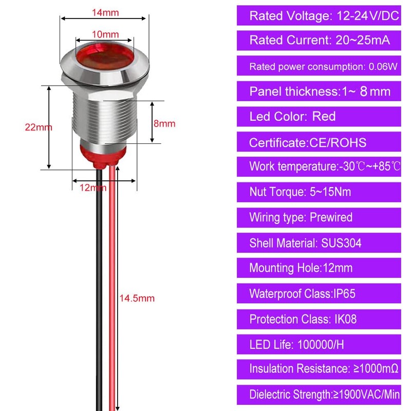 Gebildet 5pcs 12mm AC/DC 12-24V LED Metal Indicator Light Waterproof