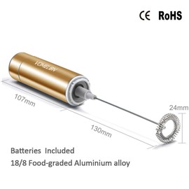 Milk Frother Handheld, Battery Operated Coffee Foamer Drink Mixer with 2 Stainless Steel Electric Whisks for Coffee, Latte, Cappuccino, Hot Chocolate, Protein， Batteries Included, Golden
