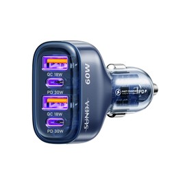 SUNDA 60W USB C Fast Car Charger, 4-Ports Car Charger Adapter, Dual Type C PD30W/PPS30W Compatible with iPhone17/16 Pro/Max/iPhone15/Galaxy/SamsungS25, Dual USB-A 18W QC3.0 for Android(Blue)