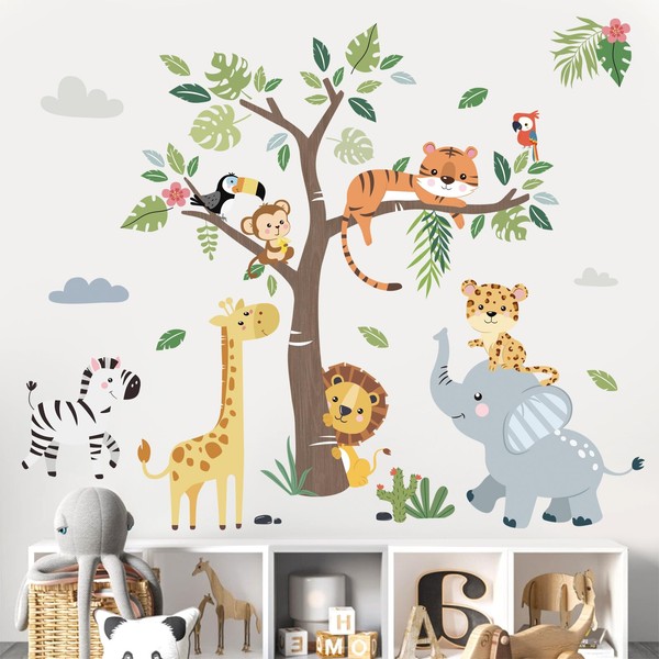 decalmile Jungle Animals Tree Wall Sticker Safari Elephant Giraffe Lion Wall Decoration Bedroom Kids Baby Nursery Living Room