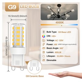 Chinnor G9 Light Bulb Led 40W T4 Halogen Bulbs Equivalent, 4000K Neutral White,T4 G9 Led Bulb for Chandelier, G9 Bi Pin Base Dimmable, No-Flicker 120V 450LM 360°Beam Angle, 5Pack