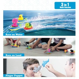 Dollibu Boat Racer Buddy, Fun Educational Bath Toy Finger Puppet Pull and Go Water Racing Sea Life Pal for Shower Pool Bathtub Swim Hard Surface - Baby Toddler and Boy - 6 Inch - 3 in 1 Game - Octopus