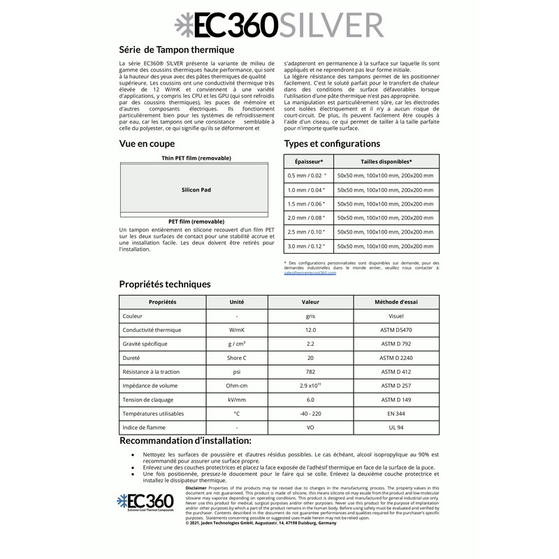EC360 Silver 12W/mK Thermal Pad 50 x 50 x 2.0