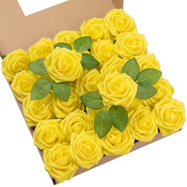 DuHouse 25Pcs Artificial Roses Flowers Fake Roses with Stems Real Touch Foam Flowers for DIY Wedding Bouquet Baby Shower Centerpiece Floral Arrangement Party Home Decor(Yellow)