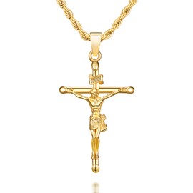 NORBU 18K Gold Over 925 Sterling Silver Crucifix Necklace for Men/Women, Cross Pendant Necklace with Rope Chain, 20 inch, Jewelry Box Included