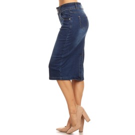 Women's Juniors Mid Waist Below Knee Length Denim Skirt in a Pencil Silhouette in M. Blue Size S