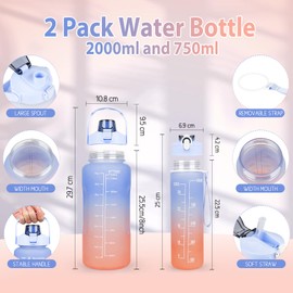 CodiCile Pack of 2 BPA-Free Water Bottles, 2 L + 750 ml, Sports Water Bottle with Time Marking & Straw, 3 Litre Drinking Bottle for Gym with Brush, Large Motivational Time Marker, Water Bottle