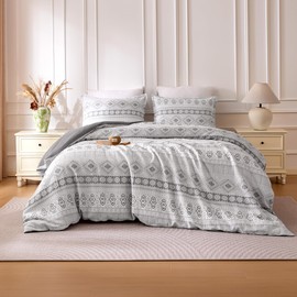 SLEEP ZONE Jacquard Duvet Cover Set King Size 3 Pieces Boho Duvet Cover Set for All Season 1 Durable and Soft Comforter Cover with 2 Pillow Shams, 104"x90", Gray