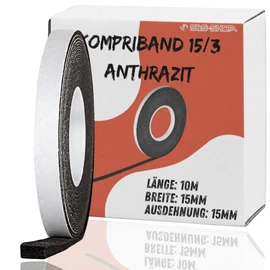 Kompriband Acryl 300, 15/3, 10.0 m long, 15 mm wide, expands to 12 mm, anthracite, sealing tape for doors, windows and wall joints, source tape, sealing tape, joint tape