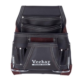 VEEKAY 10-Pocket Resin Finish Leather Tool Pouch with Carpenter's Nail & Tool Bag, Heavy Duty Steel Hammer Loop, Belt Loop for Electricians, Technicians & Installers – White Color