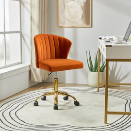 HULALA HOME Home Office Desk Chair with Gold Wheels, Small Cute Vanity Chair with Back for Bedroom, Adjustable Rolling Task Work Seat for Women/Girls, Orange