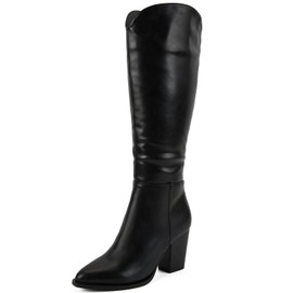 Putu Women's Knee High Boots High Heel Western Boots Pointed Toe Tall Boots Faux Leather Black Size 9