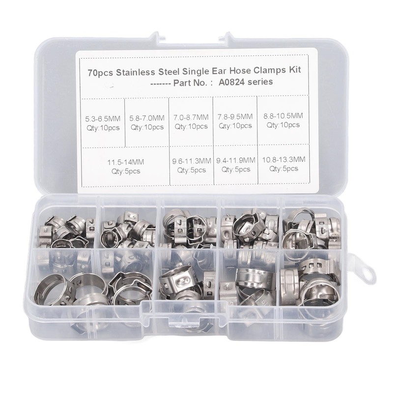 70Pcs Single Ear Hose Clamp Kit Stainless Steel Stepless 9