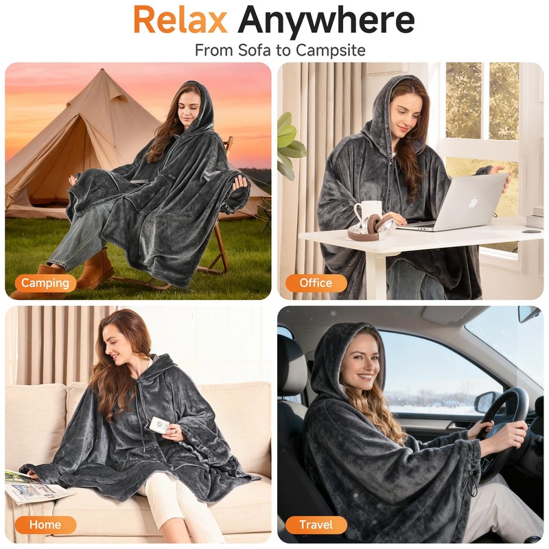 Cordless Wearable Heated Blanket Poncho, Portable Heated Shawl, 38x67