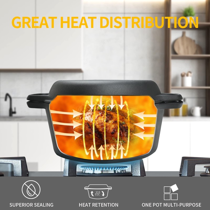EDGING CASTING 2-in-1 Pre-Seasoned Cast Iron Dutch Oven Pot with