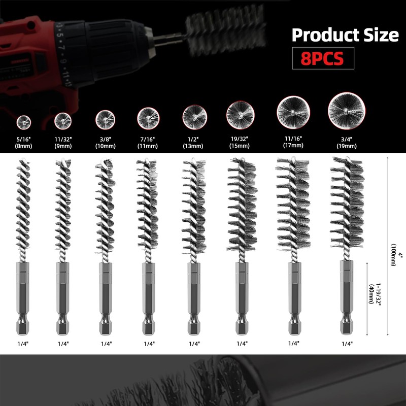 ASNOMY 8Pcs Wire Bore Brush for Drill,5/16"-3/4” Stainless Steel Copper