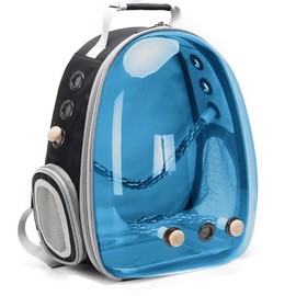 Bird Traval Carrier Cage, Polarized Tinted Blue Space Capsule Astronaut Backpack to Carry Parakeet Cockatiel Parrot with Metal Tray Wood Perch, Vet Transport Bag