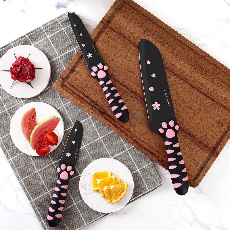 MEOWKIT Cute Kitchen Knife Set, Dishwasher Safe, 5 pieces Non-Stick