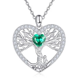 AENEAS Tree of Life Necklace For Mother 925 Sterling Silver Tree of Life Heart Pendant Necklace Emerald Crystal Tree of Life Jewelry Gift For Mother Wife Grandmother, Sterling Silver, Emerald