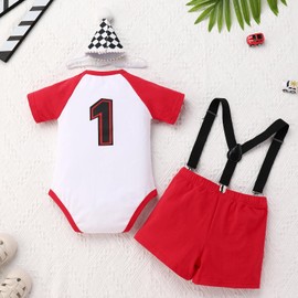 ODOLDI Infants Baby Boys 1st Birthday Racer Costume Outfits Race Car Driver Short Sleeve Costume Red and White 9-12 Months