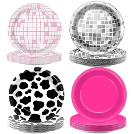 GZ-AMDZJ 48Pcs Cowgirl Birthday Plates Disco Party Decorations, 7 Inches Hot Pink Cow Print Western Disco Ball Themed Party Favors Disposable Dessert Plates Bachelorette 80s 90s Shower Supplies