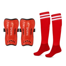 Soccer Shin Guards for Youth Kids with Soccer Socks, 3 Sizes Shin Pads Child Calf Protective Gear Lightweight Adjustable Equipment for 3-15 Years Old Girls Boys Toddler Kids Teenagers (Red, M)