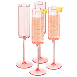 Khen Shatterproof Acrylic Flower Wavy Vintage Champagne Flute, Art Deco Pink Color Plastic Tritan Coupe Glasses | 4 Set | 6.5oz Ripple Glassware Classic Cocktail Indoor & Outdoor Design Set