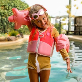 SUNNYLiFE Swim Vest - Constructed with Neoprene Plus a Secure Front Zip and Adjustable Safety Strap to Develop Water Confidence. | Toddler Swim Vest (Melody The Mermaid | Neon Strawberry, 2-3)
