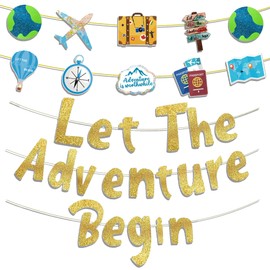 Bon Voyage Decorations Gold Banner - 11 Pcs Travel Themed Party Glitter Let The Adventure Begin Banner for Going Away Farewell Graduation Leaving Retirement Baby Shower Party Supplies