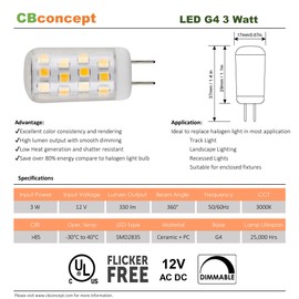 CBconcept UL Listed, G4 LED Light Bulb, 5 Pack, 3 Watt, Dimmable, 330 Lumen, Daylight 5000K, 360 degree Beam Angle, 12 Volt, 35W Equivalent, JC BiPin G4 Halogen Replacement Bulb