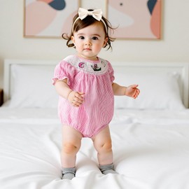 Bagilaanoe Newborn Girl Summer Outfit Infant Baby Girl Clothes Shrimp Smocked Short Sleeve Romper Bubble Bodysuit (Pink, 3-6 Months)