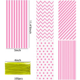 100Pcs Pink Cellophane Bags Baby Shower Candy Bags Gift Bags, Buffalo Polka Dot Stripes Goodie Bags Treat Bags for Valentine Day, Birthday, Baby Showers, Weddings Party Supplies