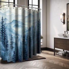 QGHOT Navy Blue Forest Shower Curtain Dark Blue Mountain Nature Shower Curtains for Mens Bathroom Decor, Waterproof Fabric with Hooks, 108x72in