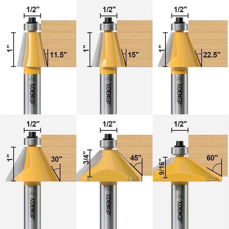 XDENGP 6Pcs Chamfer Router Bits Set 1/2 Inch Shank Carbide