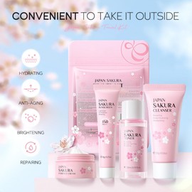 4Pcs SAKURA Skin Care Set, Sakura Travel Skincare Set for Teenage Girls with Cleanser, Face Cream, Toner and Sunscreen, Moisturizing Travel Size Skincare Set for Women Teen Girls
