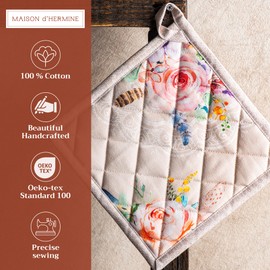 Maison d'Hermine Pot Holders 100% Cotton Heat Resistant Potholders 8" x 8" Hot Pads with Loop BBQ, Cooking, Baking, Grilling, Kitchen, Handling Hot Pans Spring/Summer (Pack of 1, Ibiza - Beige)