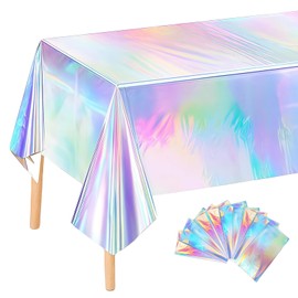PRITOK Iridescent Party Table Cloths: 10-Pack Plastic Disposable Tablecover, Waterproof Rectangular Rainbow Tablecloth for Birthday Wedding Christmas Decorations (54x108 Inch, Silver)