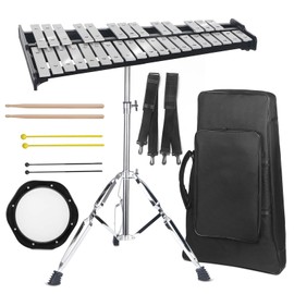 Professional 32 Note Glockenspiel Xylophone Bell Kit for beginner :Muted Practice Pad Percussion Kit for Adult, with Three Types of Drumsticks, Adjustable Stand&Carrying Bag