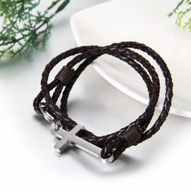 JewelryWe Unique Men's Stainless Steel English Bible Lords Prayer Cross Leather Bangle Cuff Bracelet, Brown