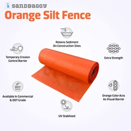Orange Silt Fence Fabric Rolls (3 ft x 500 ft) - Sediment and Erosion Control - Temporary Fence for Construction Job Sites (DOT Grade - 3 oz Thick, 1)