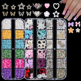 EARLMONI Nail Rhinestones , AB Crystal Nail Gems Flat Back Nail Rhinestones with Nail Pearls Star Heart Bows FLower Nail Charms and Rhinestone Picker Tools for Kwaii Y2K Nail Art Decor - 3 Boxes