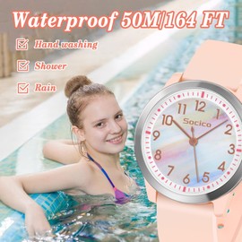 SOCICO Kids Watch Analogue, 5ATM/50M Waterproof Wrist Watch Children Girls Boys Teenagers Easy Read Kids Quartz Minimalist Watches for 8-18 Years (PinkRainbow)