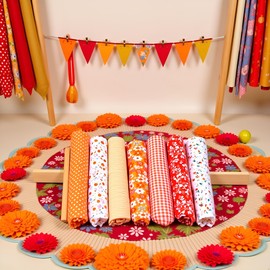 Sluswallow 7Pcs Orange Cotton/Polyester Fabric Bundle Squares Patchwork DIY Sewing Scrapbooking Quilting Floral Dot Pattern Fabric 10" x 10" (25cm x 25cm) Arts, Crafts and Sewing