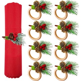 KAHEIGN 8Pcs Christmas Napkin Rings, Wooden Napkin Holders with Pine Cone Red Berry Snowflake Rustic Napkin Buckle for Christmas Lunch Thanksgiving New Year Wedding Party Table Decoration